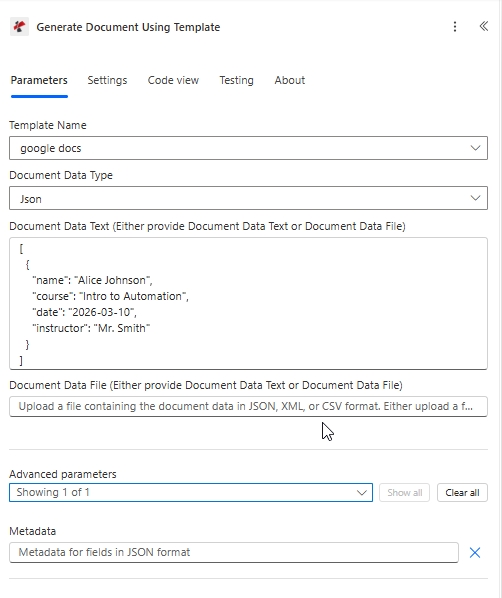 PDF4me Genera documento utilizzando un'azione di Power Automate con nome del modello impostato su google docs, tipo di dati del documento impostato su Json e testo dei dati del documento contenente un esempio di JSON per Alice Johnson